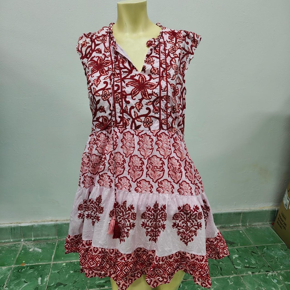 Celina Moon Red White Floral Print Tassel Tiered Dress Womens Small